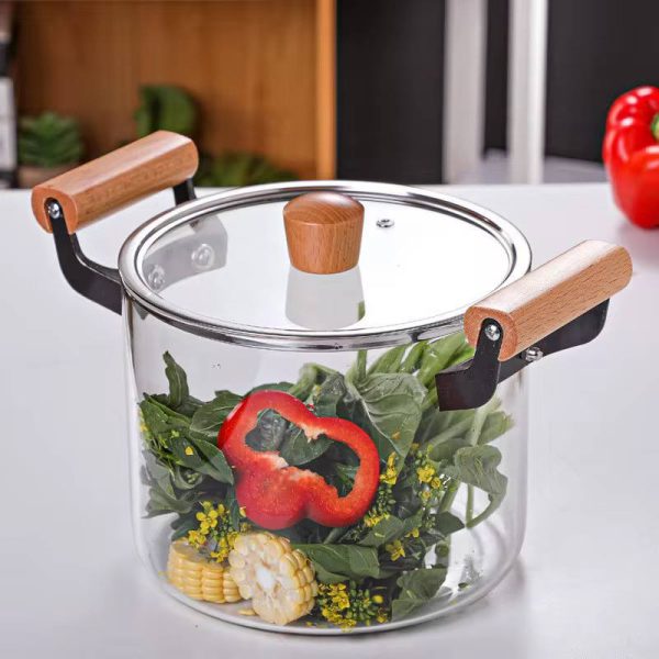 Glass Cooking Pot with Wooden Handles